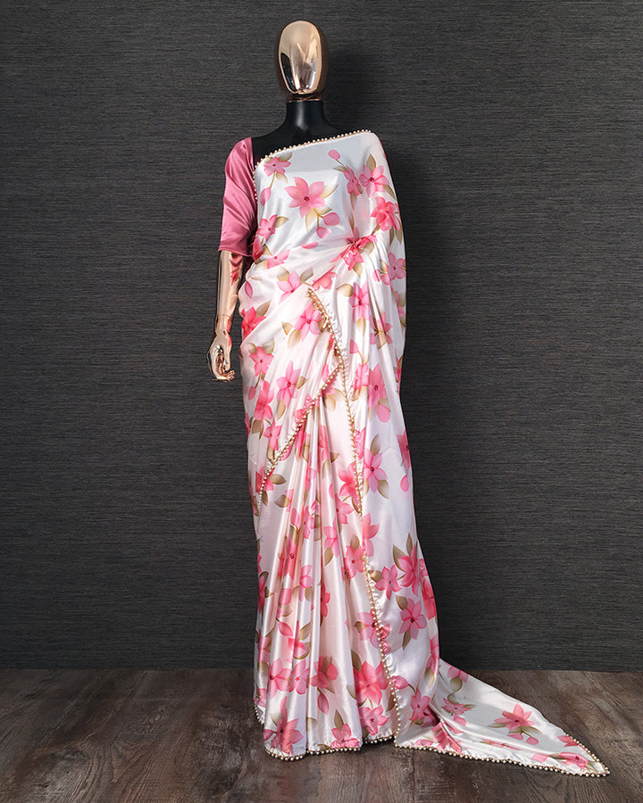 Light Pink Flower Color Printed Japan Satin Saree With Pearl Lace Border