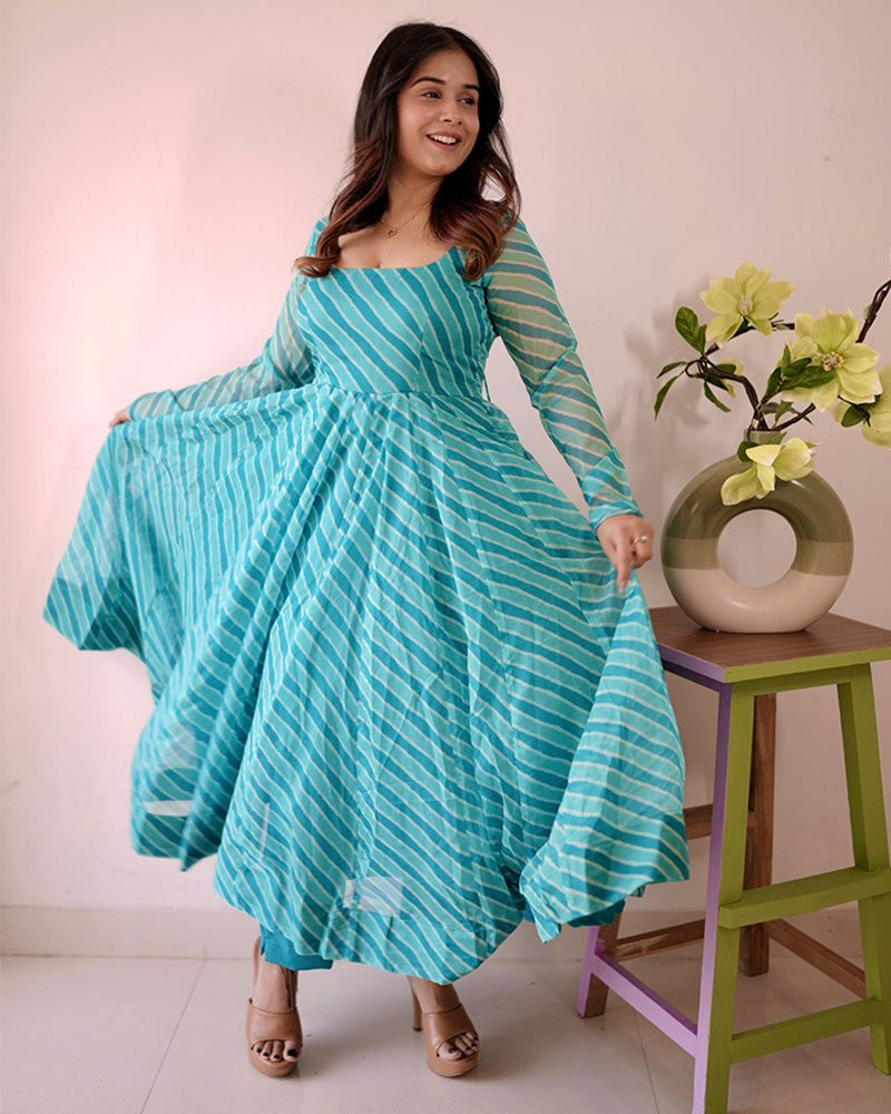 Firozi Color Tabby Organza Three Piece Anarkali Suit