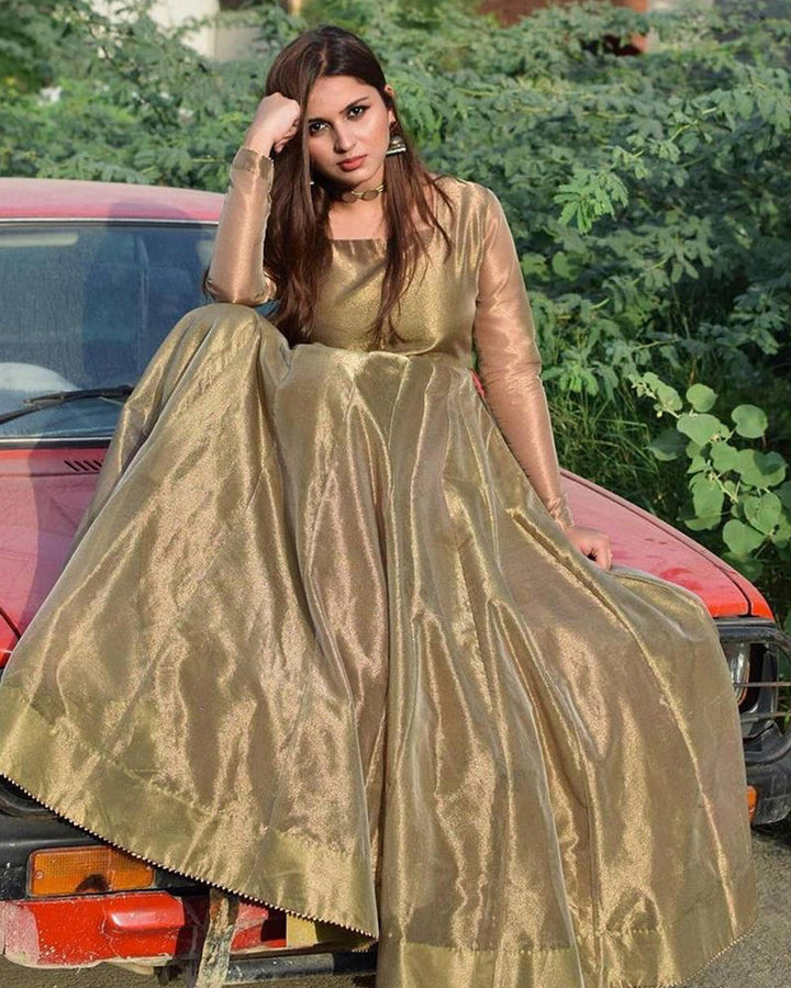 Designer Bronze Gold Lama Anarkali Gown With Dupatta