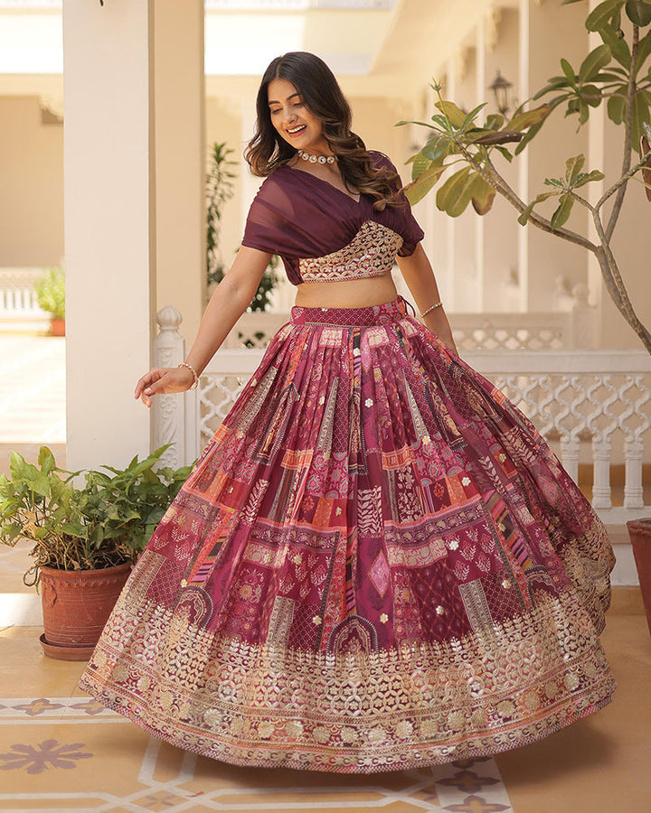 Wine Color Designer Russian Silk Embroidery Crop Top Lehenga Choli