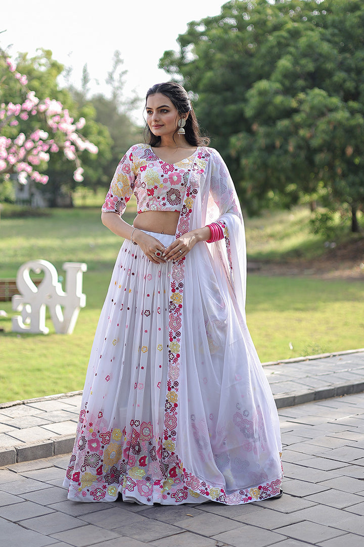 Wedding Wear White Color Georgette Embroidery  Lehenga Choli