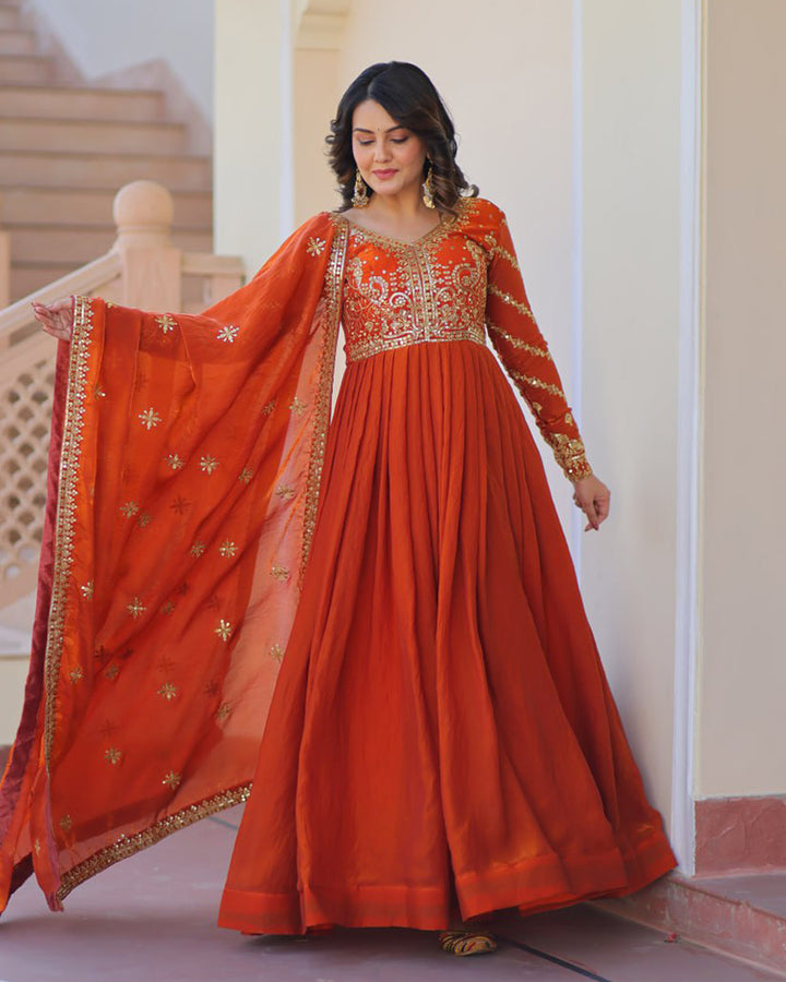 Designer Fenta Color Fendi Embroidered Gown With Dupatta