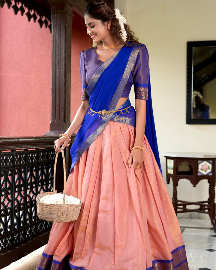 Peach Color Kanchipuram Designer Half Saree