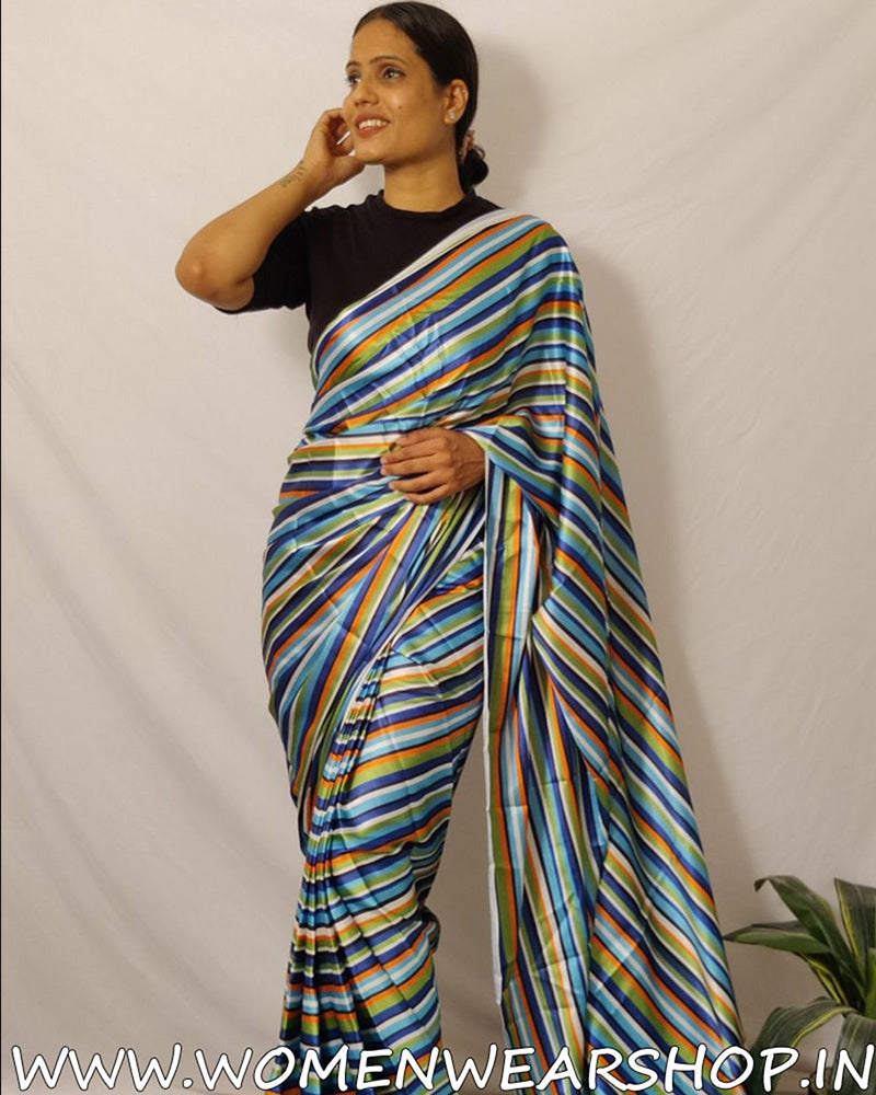 Sky Blue Rainbow Multi Color Satin Silk Ready To Wear Saree