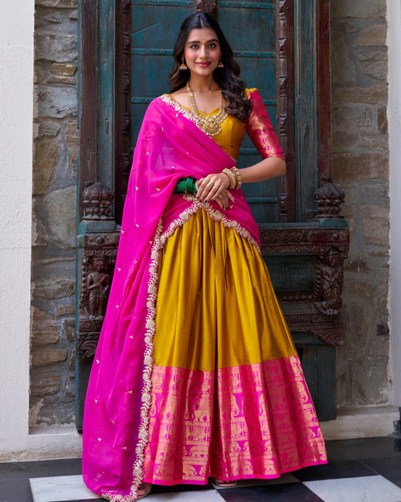 Mustard Color Narayan Pattu Silk Designer Half Saree
