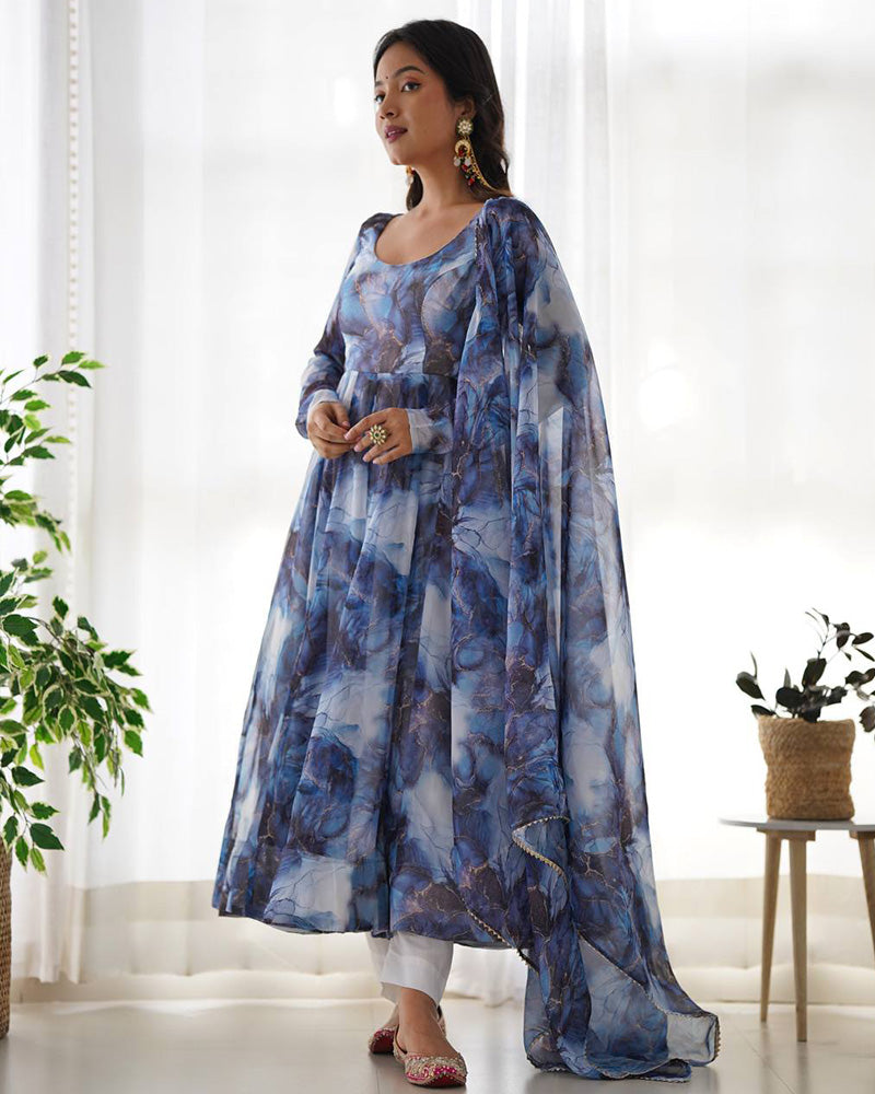 Navy Blue Color Pure Soft Organza Three Piece Anarkali Suit