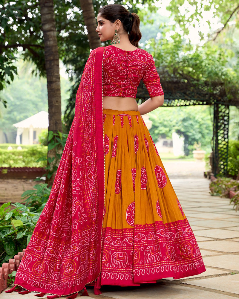Bandhej Print Mustard Color Tussar Silk Lehenga Choli