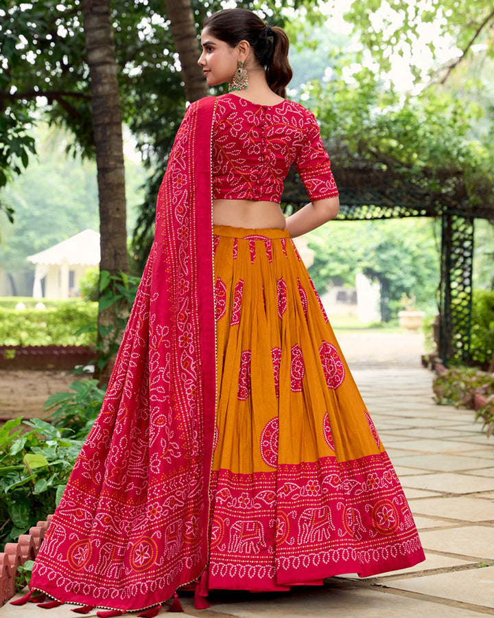 Bandhej Print Mustard Color Tussar Silk Lehenga Choli