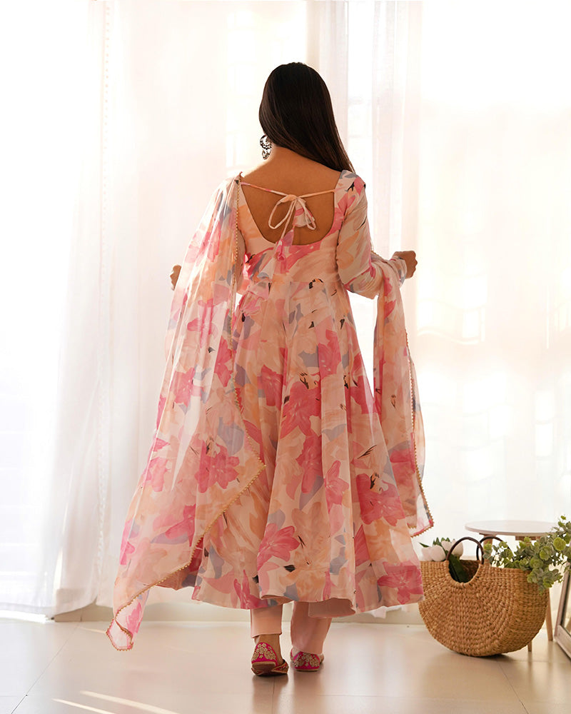 Beautiful Baby Pink Multi Color Georgette Three Piece Anarkali Suit