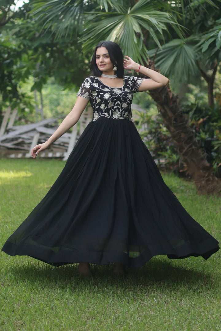 Black Color Amazing Coding Sequence Embroidery Faux Blooming Gown