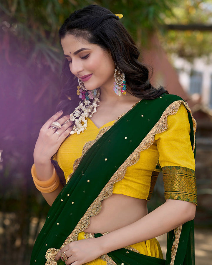 Yellow Color Cotton Silk Designer Half Saree
