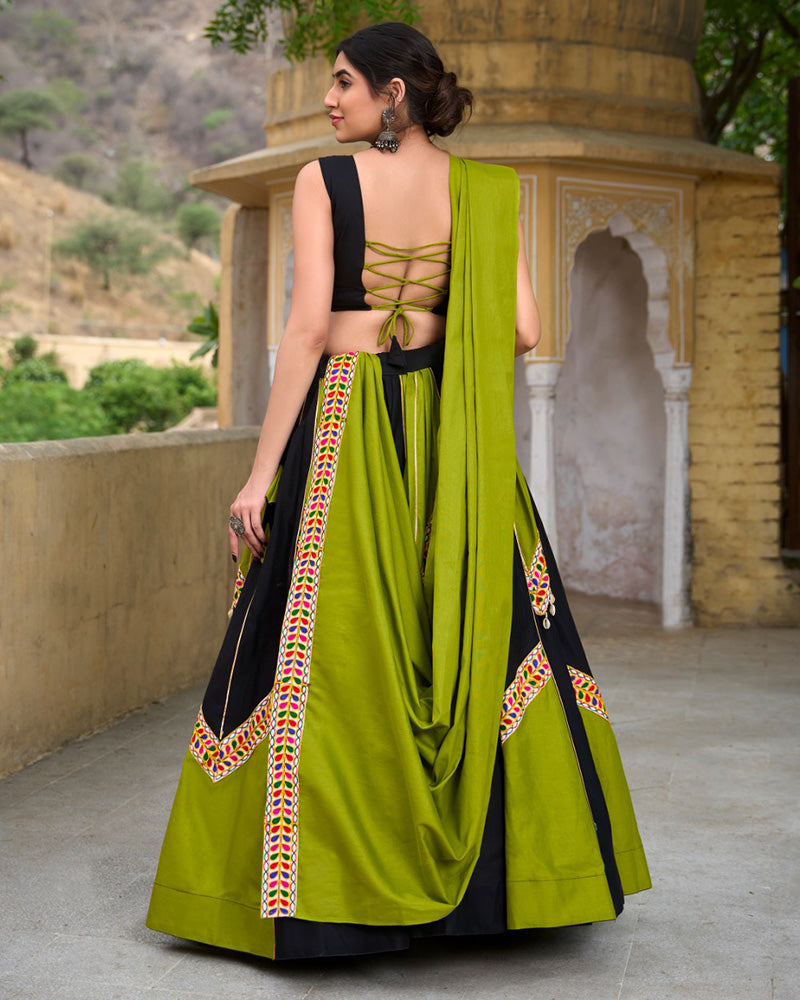 Parrot Green And Black Color Cotton Navratri Lehenga Choli