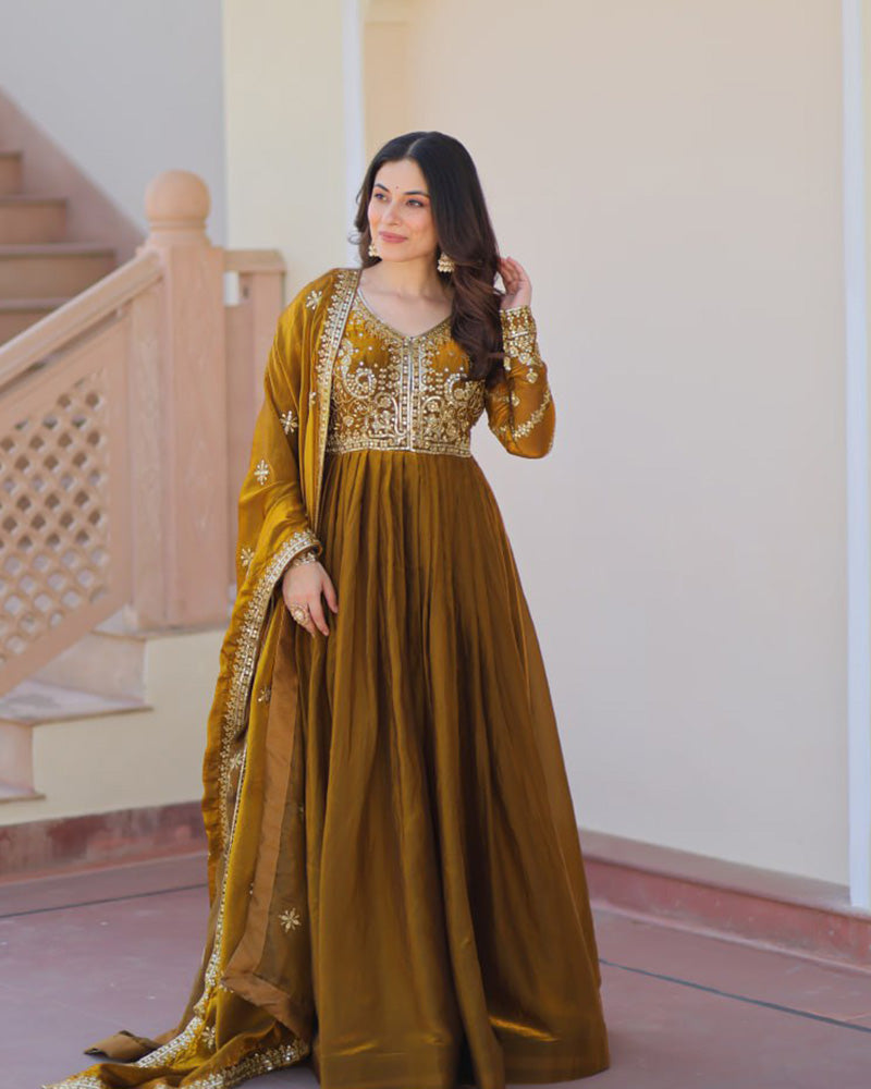 Designer Mehndi Color Fendi Embroidered Gown With Dupatta