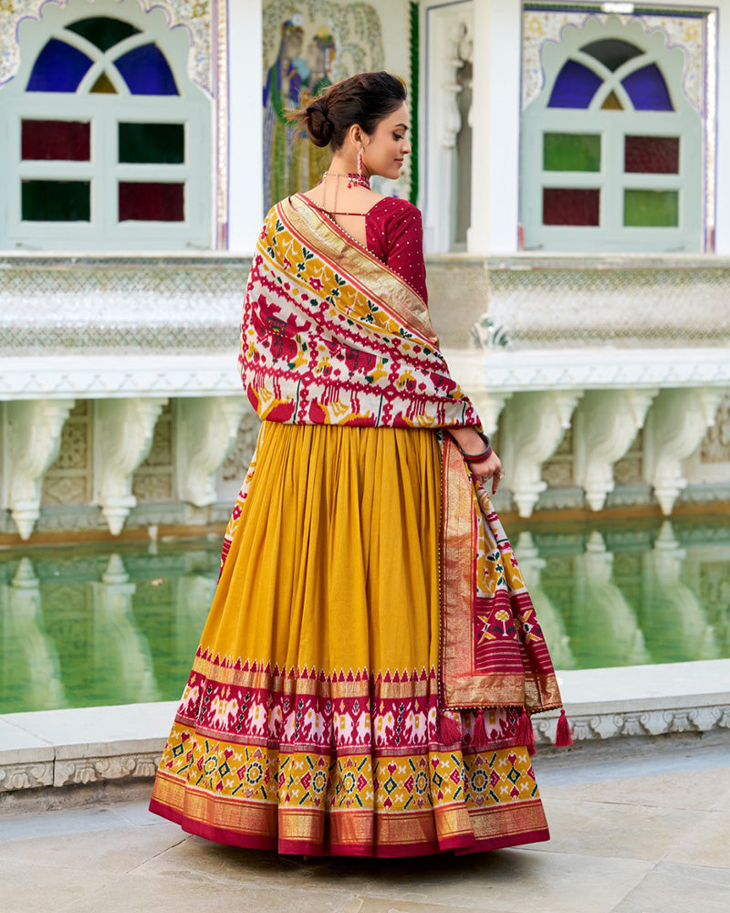 Mustard Color Tussar Silk Patola Printed Half Saree