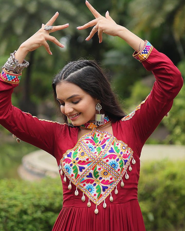 Maroon Color Rayon Gamthi Style Navratri Gown