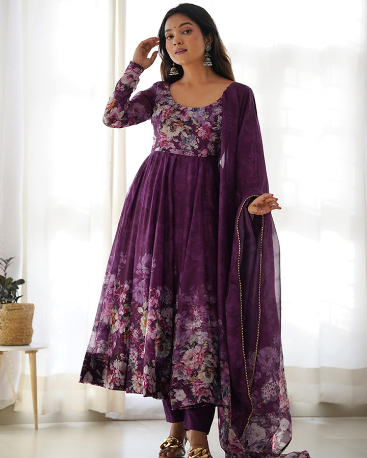 Wine Color Organza Floral Print Three Piece Anarkali Suit