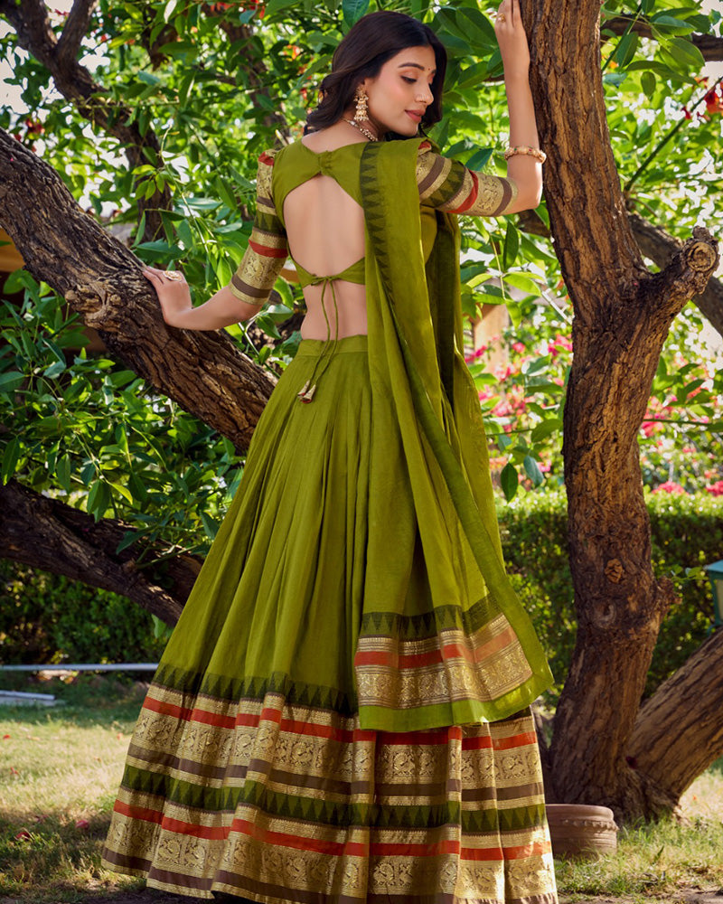 Mehndi Color Pure Chanderi Plain Half Saree