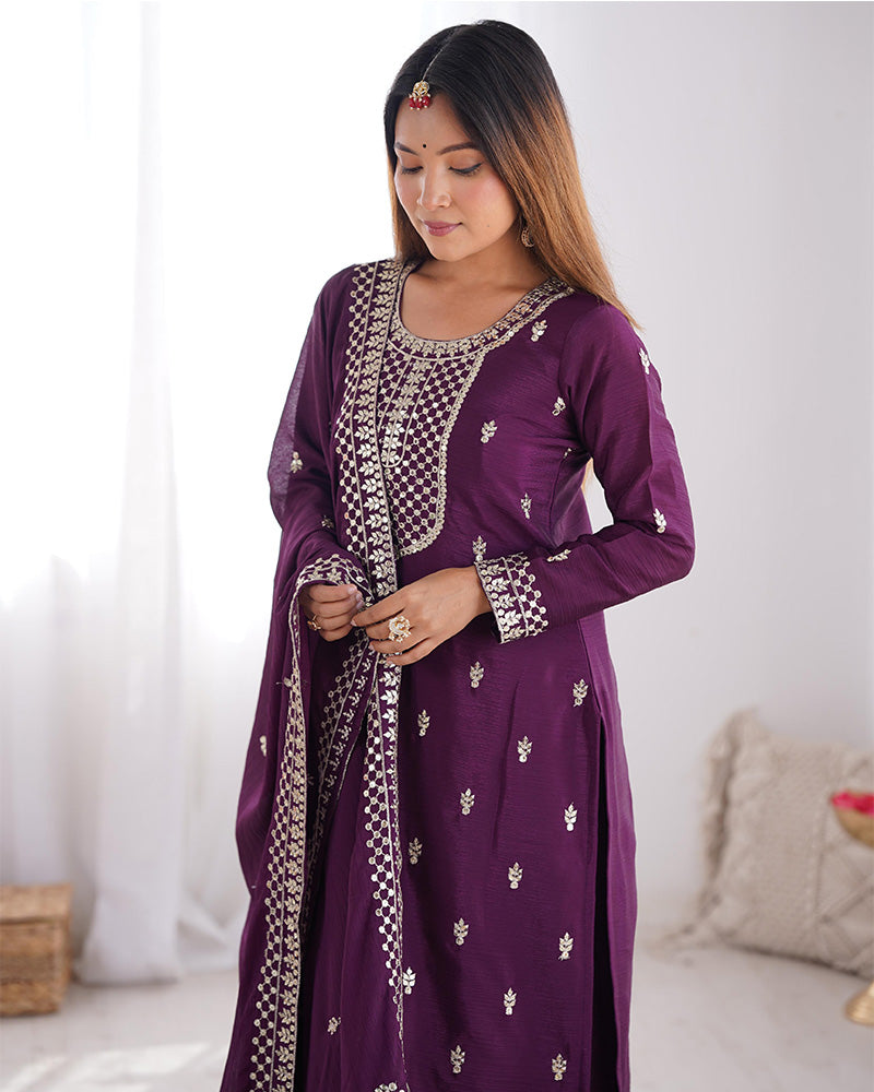 Wine Color Chinon Silk Three Piece Kurti Suit