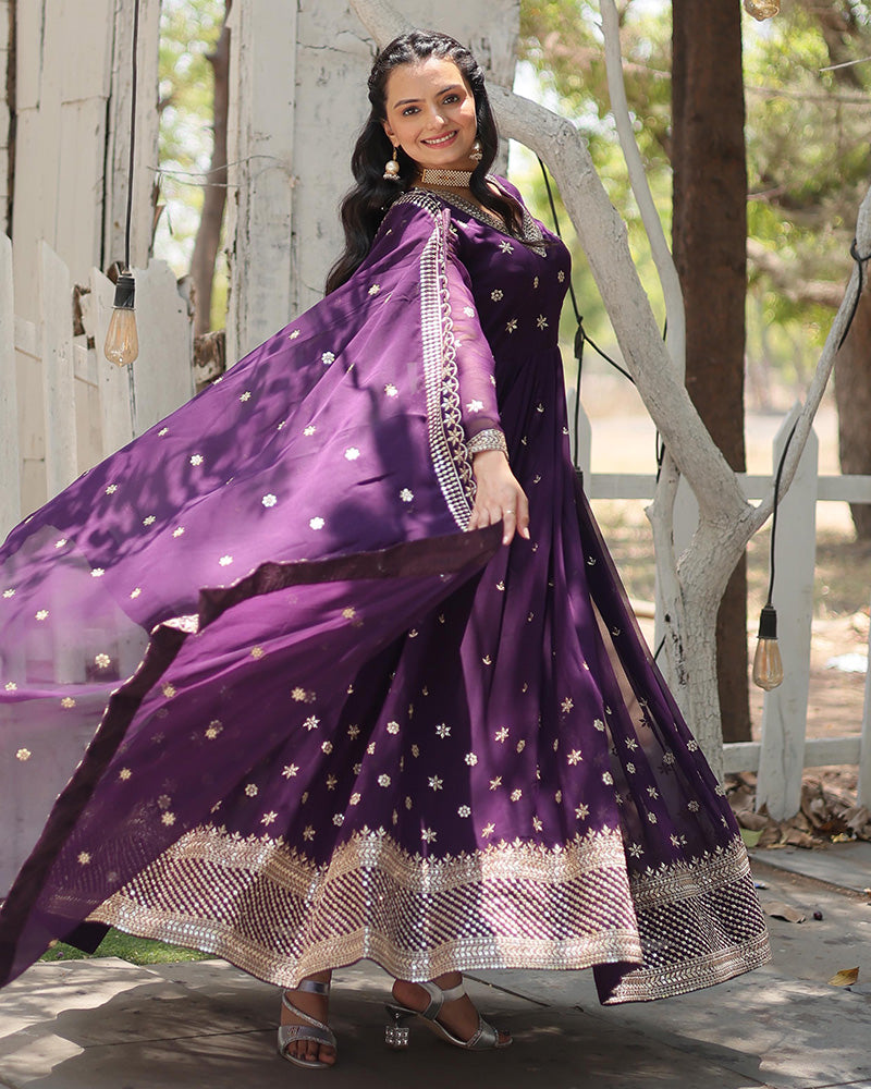 Designer Purple Color Faux Blooming Embroidered Gown