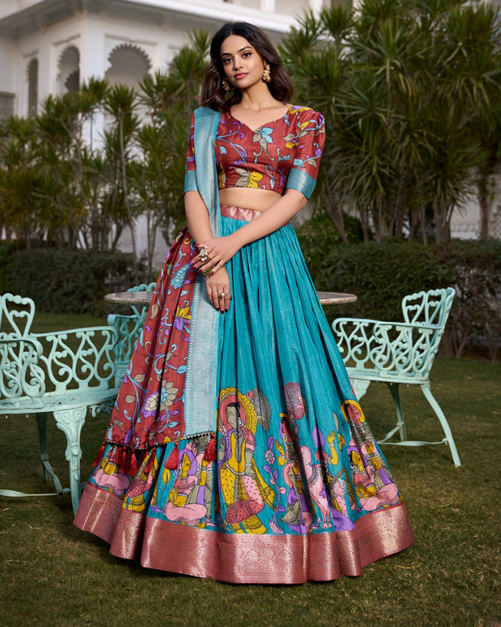 Firozi Color Dola Silk Kalamkari Printed Half Saree
