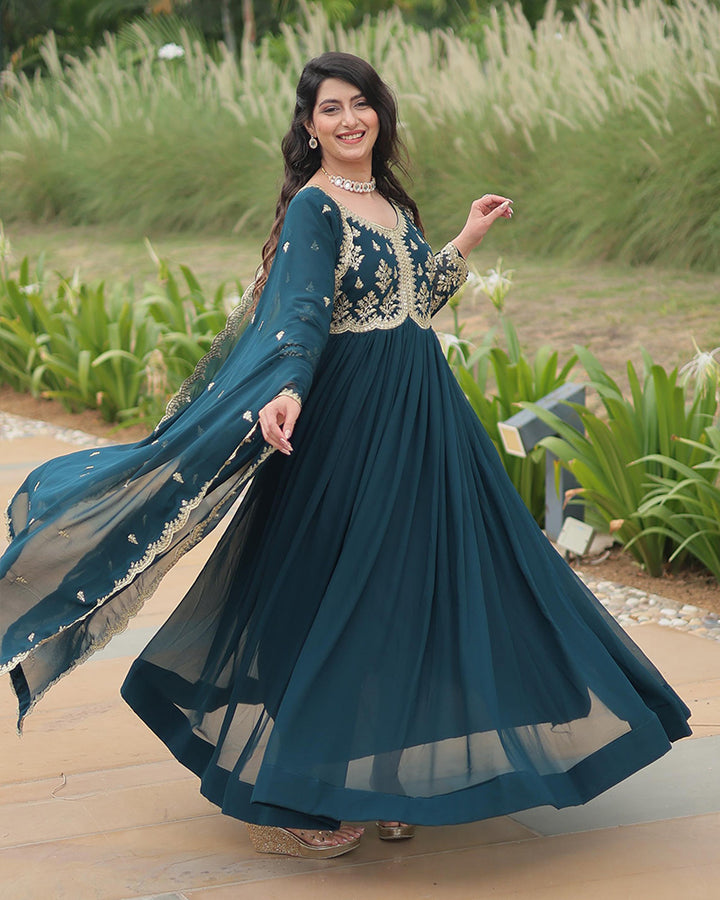 Designer Rama Color Anarkali Gown With Embroidery Dupatta