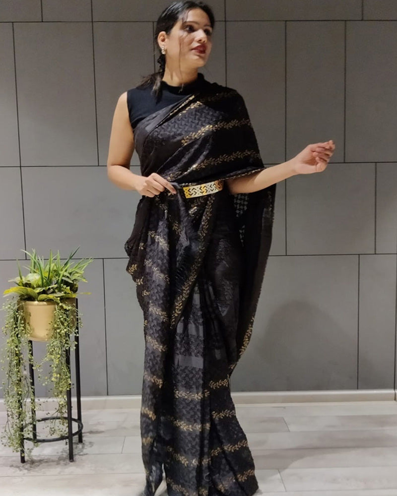 Black Georgette Brasso Swaroski Work Ready To Wear Saree With Metal Belt