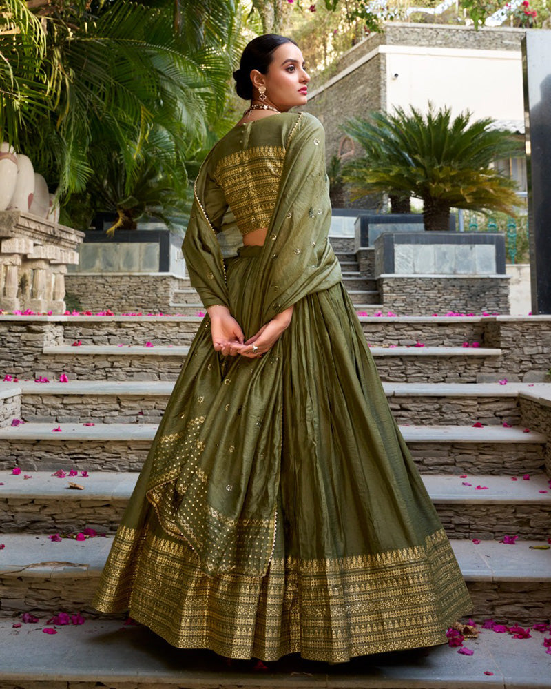 Mehndi Color Pure Chanderi Plain Navratri Half Saree