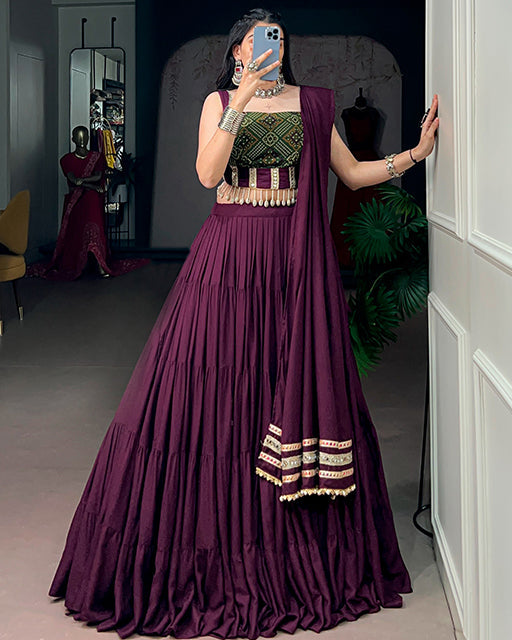 Wine Color Rayon Bandhani Print Navratri Lehenga Choli