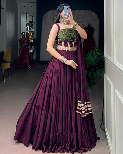 Wine Color Rayon Bandhani Print Navratri Lehenga Choli
