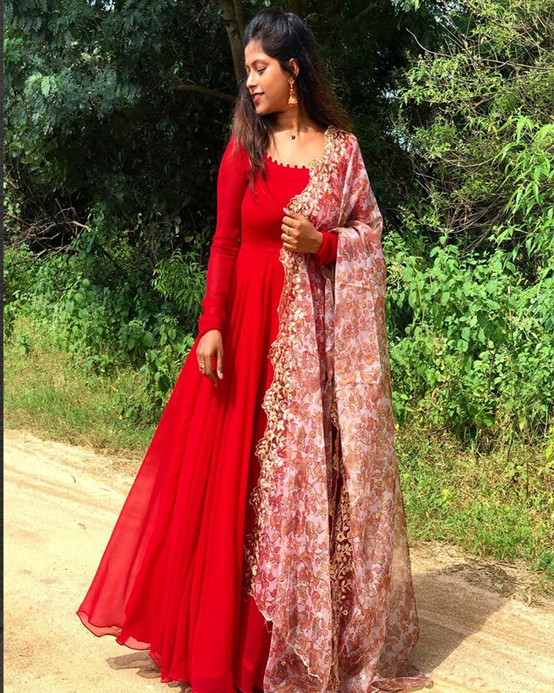 Red Color Plane Georgette Anarkali Gown