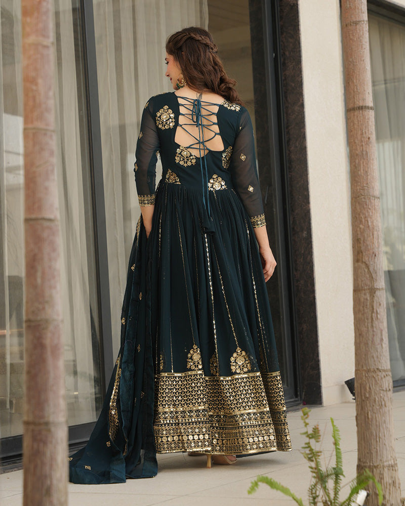 Deep Teal Green Color Designer Golden Embroidered Gown