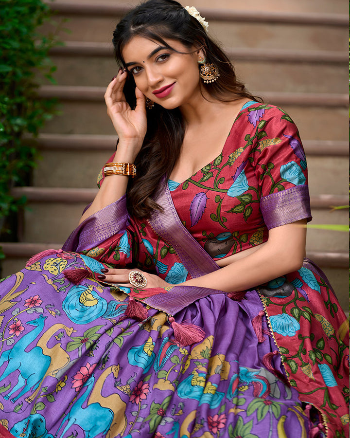 Designer Lavender Color Kalamkari Printed Dola Silk Lehenga Choli