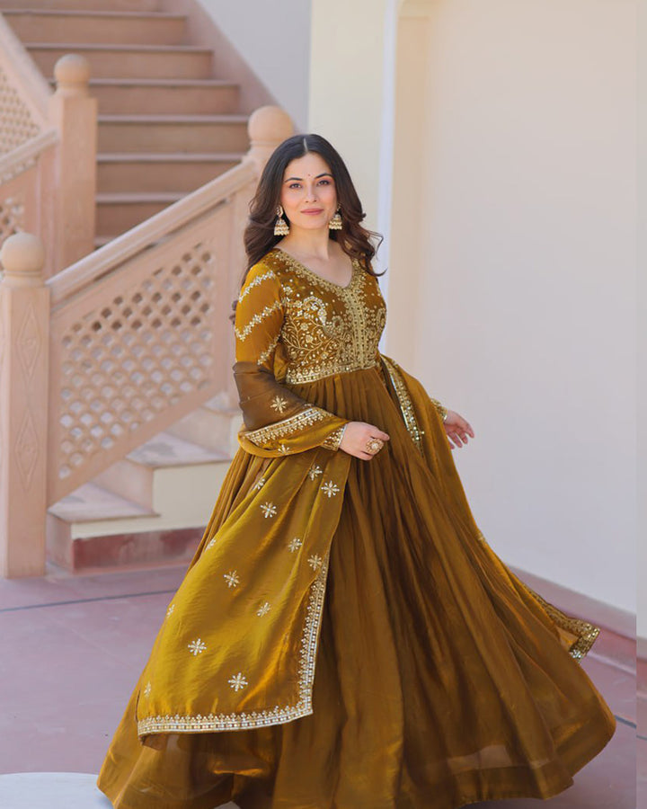 Designer Mehndi Color Fendi Embroidered Gown With Dupatta