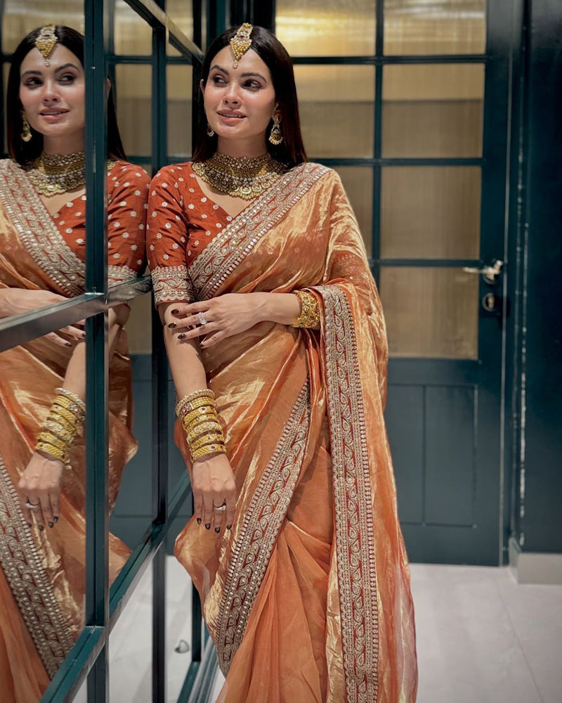 Brown Color Soft Twil Net Embroidered Saree