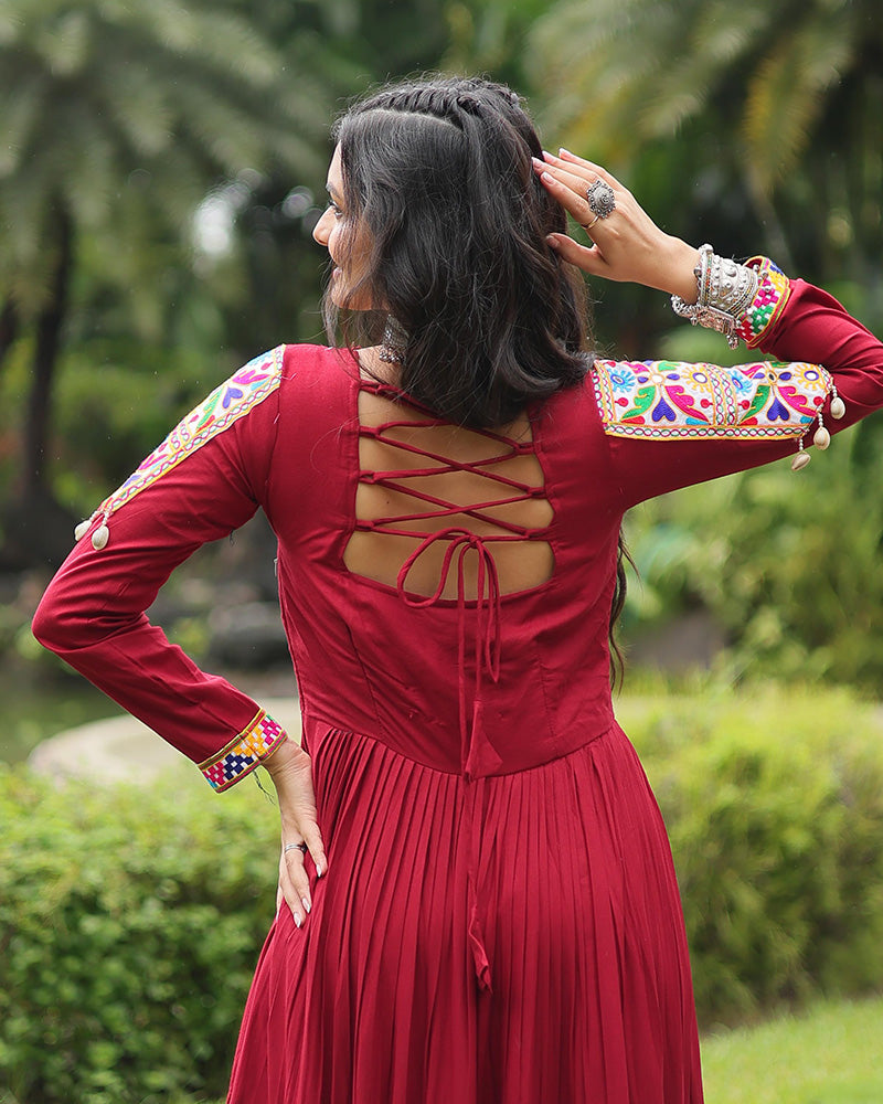 Maroon Color Rayon Gamthi Style Navratri Gown