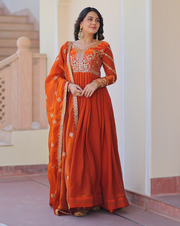 Designer Fenta Color Fendi Embroidered Gown With Dupatta