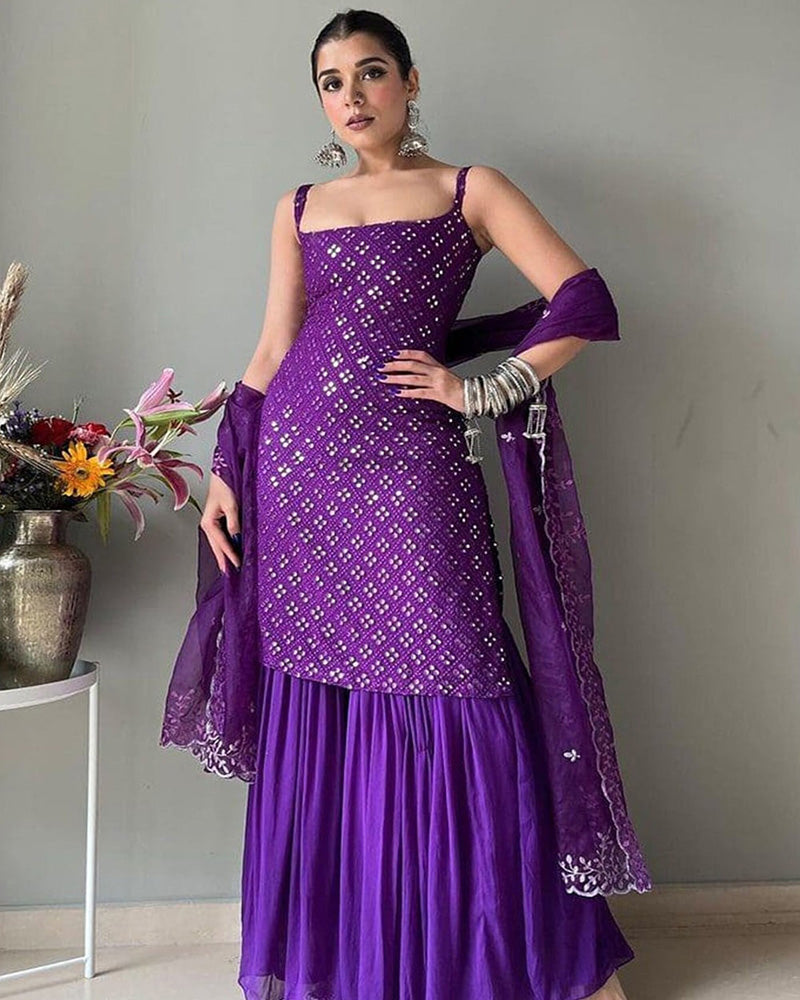 Purple Sequence Work Three Piece Sharara Suit