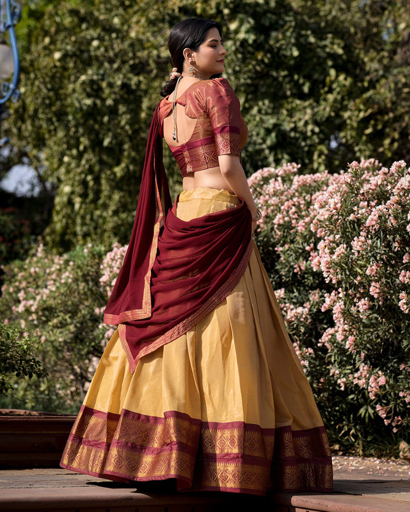 Cream Color Kanchipuram Silk Designer Half Saree
