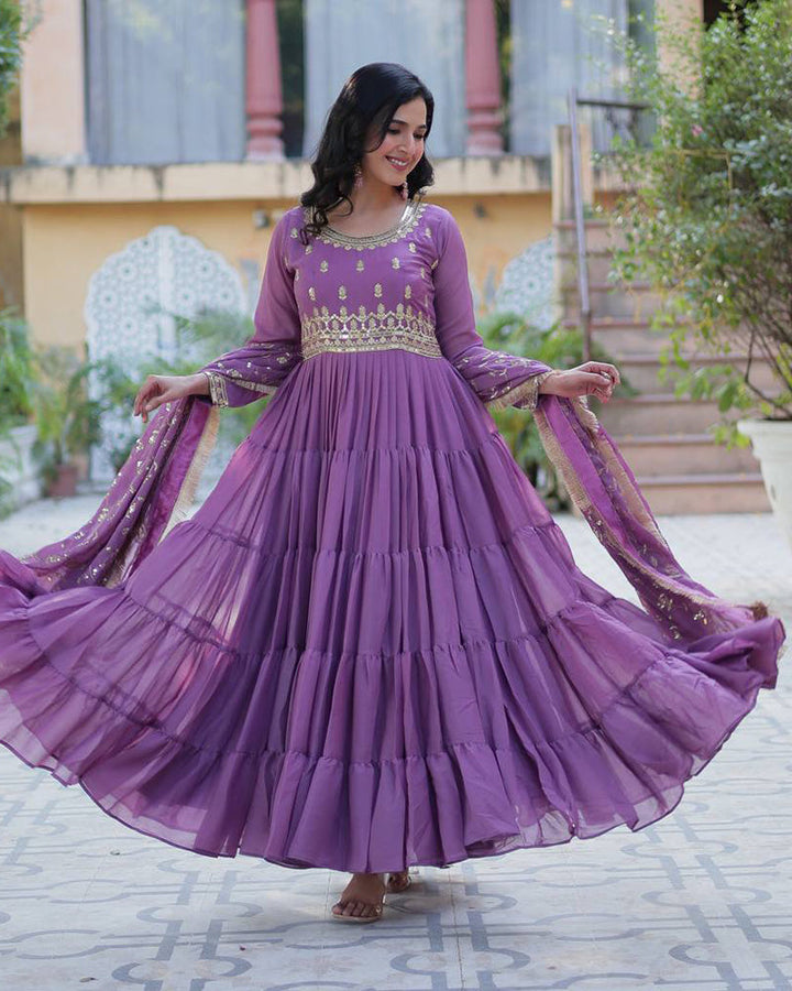 Dusty Mauve Color Star Georgette Gown With Embroidered Dupatta