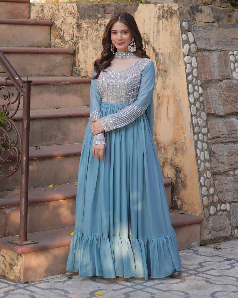 Sky Color Star Georgette Embroidered Gown
