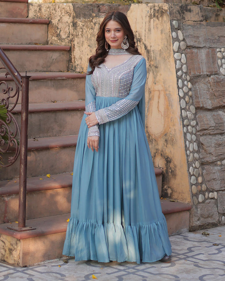 Sky Color Star Georgette Embroidered Gown