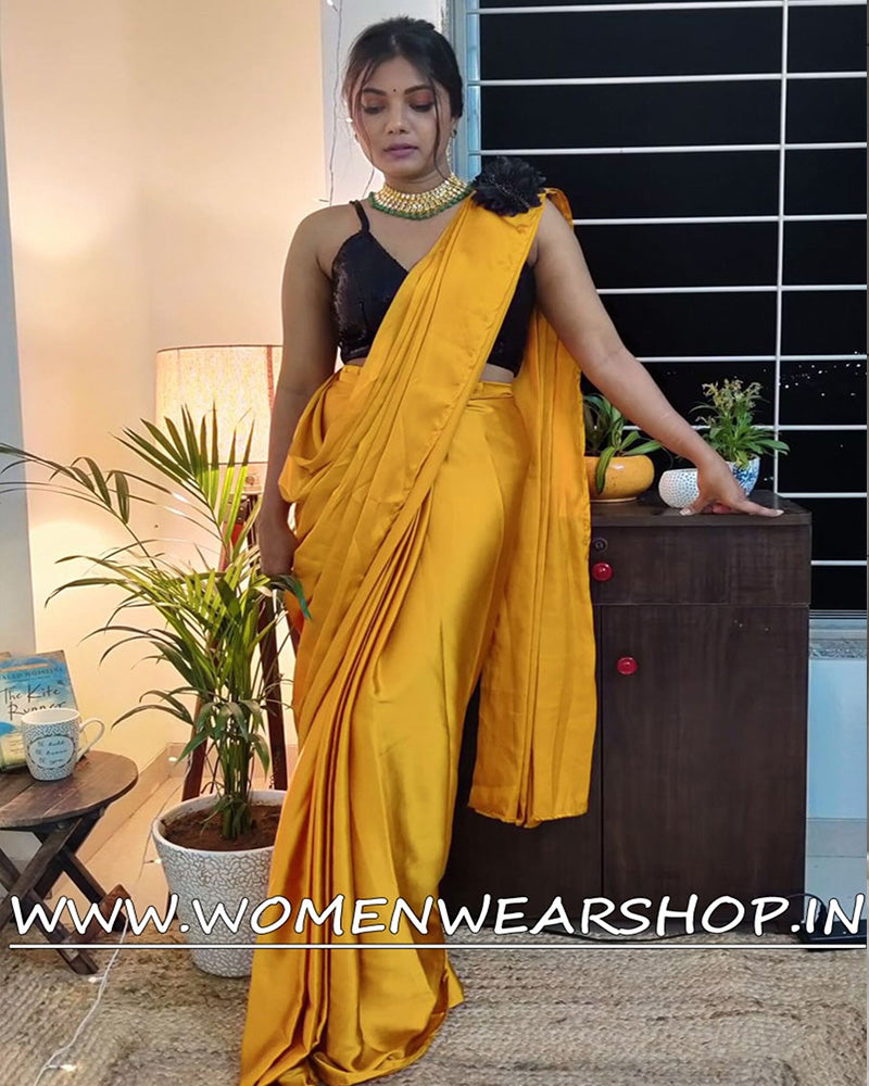 Yellow Haldi Satin Silk Ready To Wear Saree With Shoulder Broach