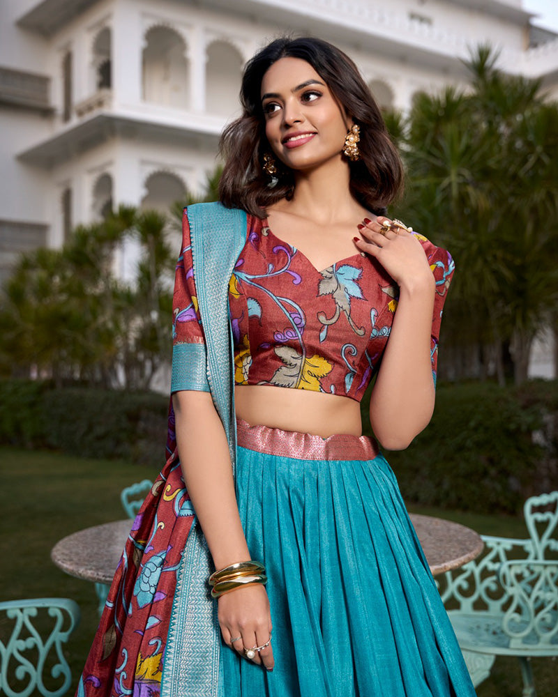 Firozi Color Dola Silk Kalamkari Printed Half Saree