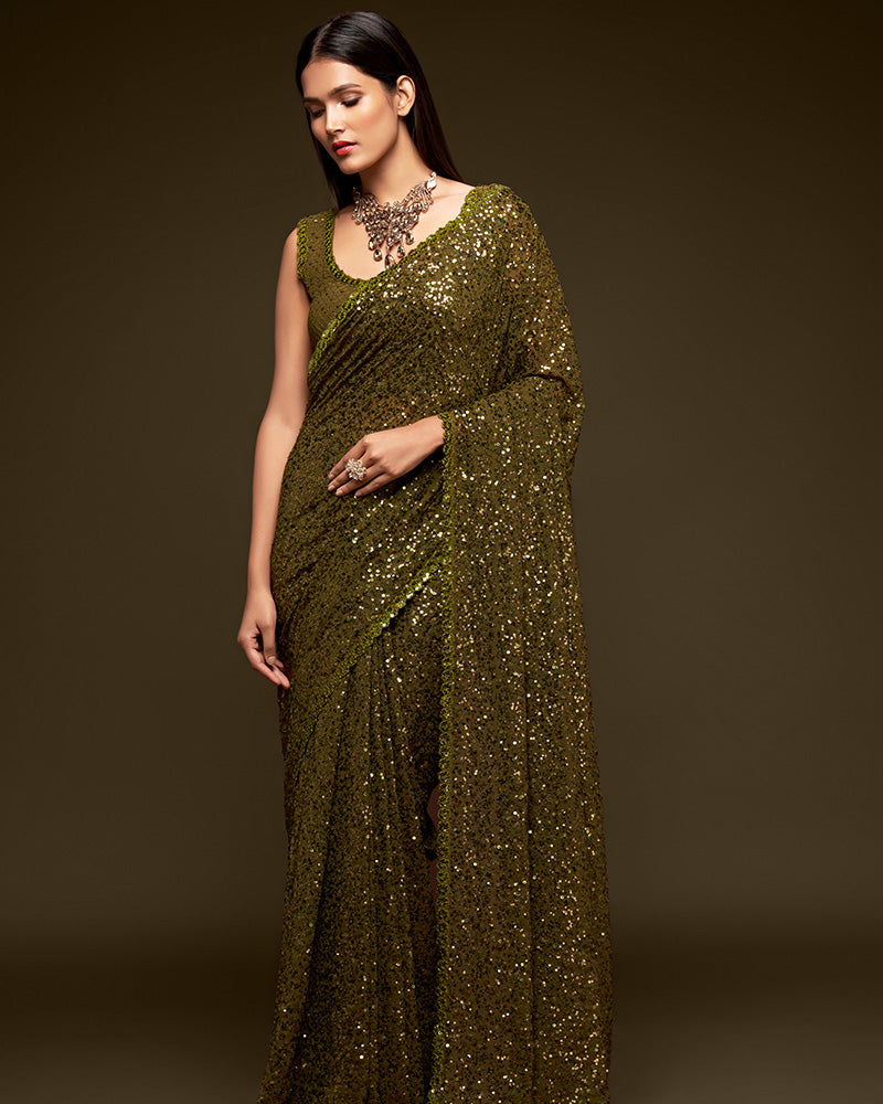 Olive Green  Designer Multipal Sequence Embroidery Georgette Saree