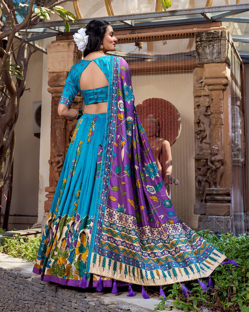 Firozi Color Tussar Silk Kalamkari Printed Half Saree