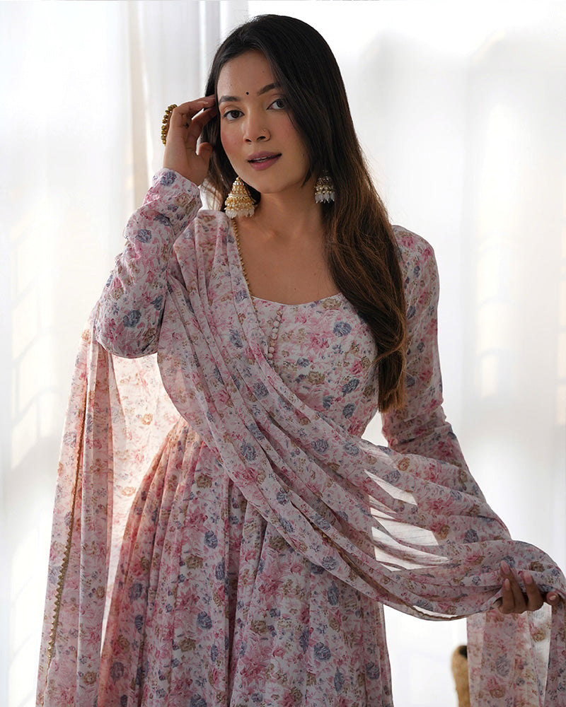 Baby Pink Color Heavy Chiffon Floral Print With Full Flair Three Piece Anarkali Suit
