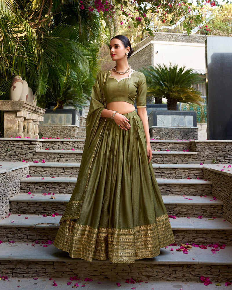 Mehndi Color Pure Chanderi Plain Navratri Half Saree