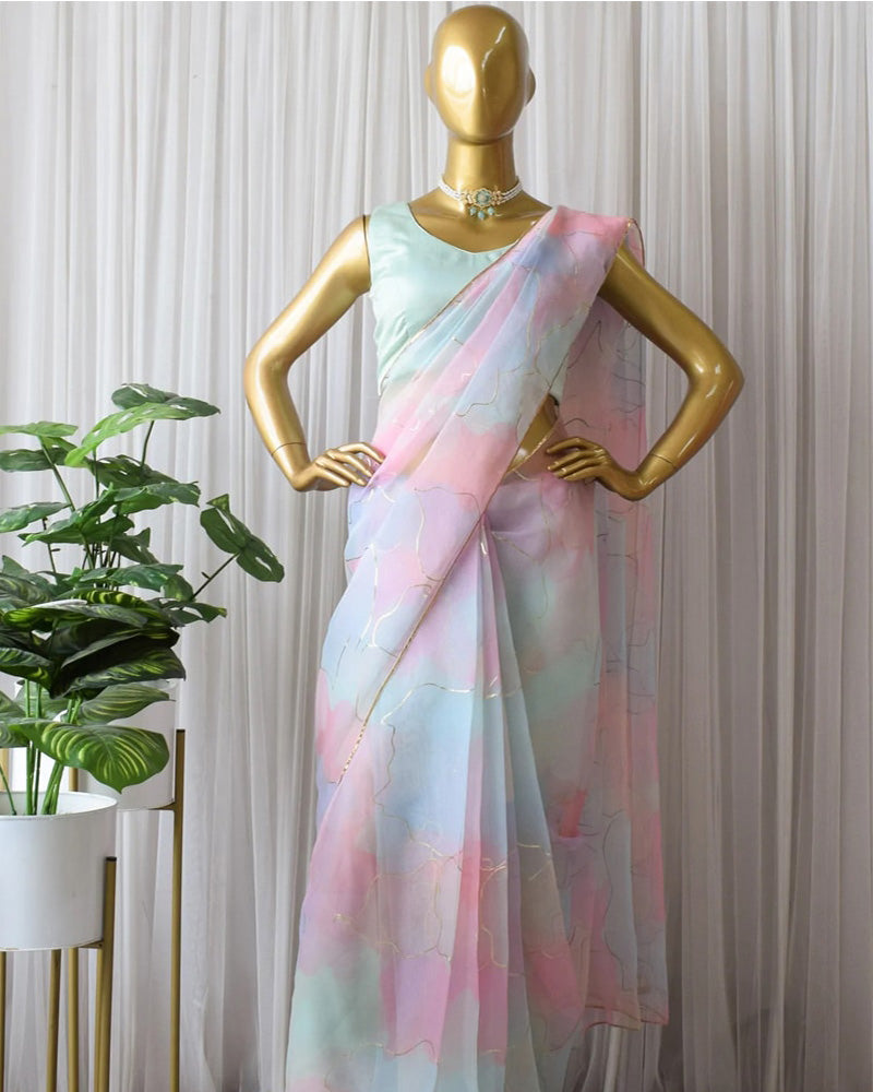 Rainbow Soft Organza With Foil Work Saree