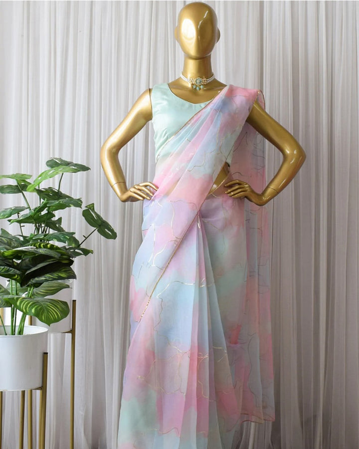 Rainbow Soft Organza With Foil Work Saree