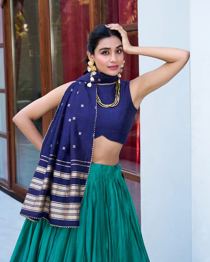 Firozi Color Pure Chanderi Plain Half Saree